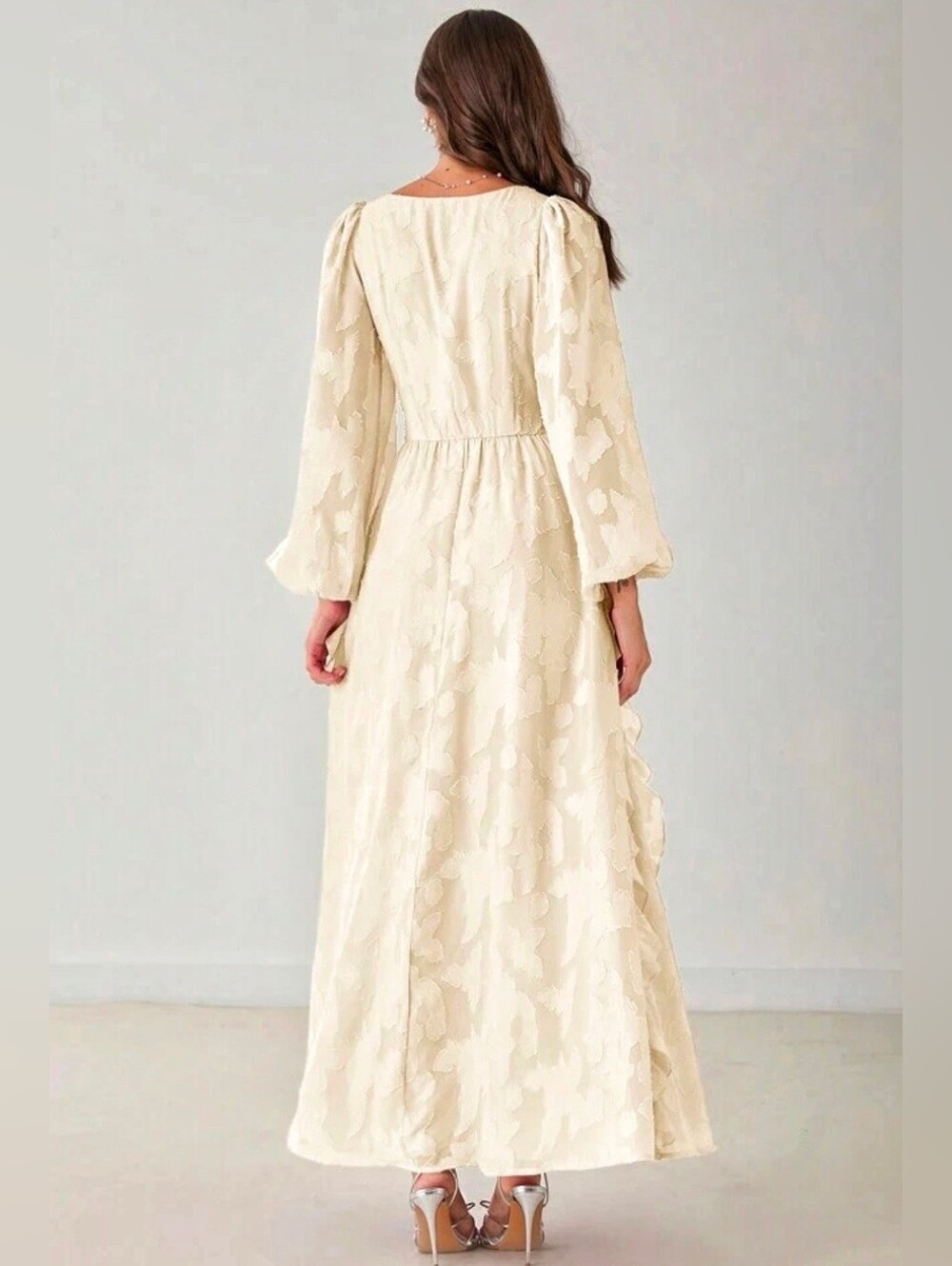 New Flowy Jacquard Ruffle Lantern Sleeve Ruched Waist Maxi Dress Ivory Cream - Picture 2 of 11